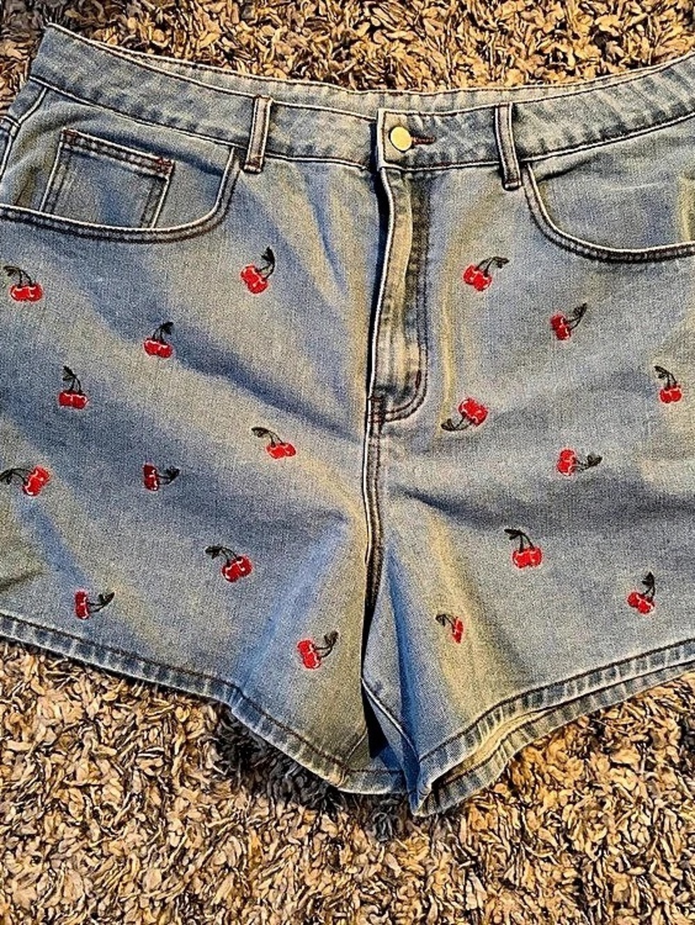Cider High Rise Cherry Embroidery Blue Jean Shorts Brand New